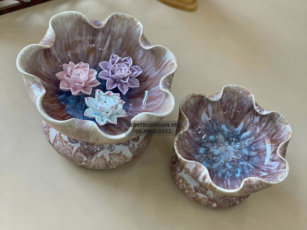 Bát thả hoa thần tài đường kính 30cm men hỏa biến hoàng thổ kèm chân đế(không bao gồm sen sứ) 5